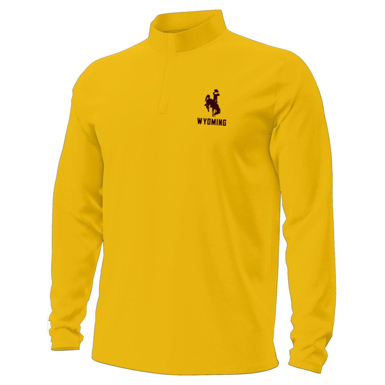 Gold 1/4 zip jacket with Wyoming and bucking horse logo on left chest all on  a white background