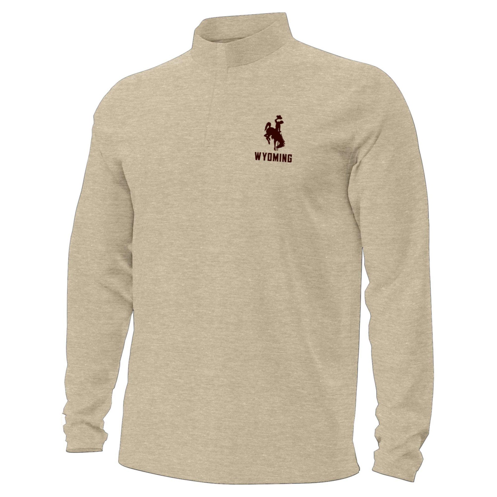 Taupe 1/4 zip jacket with brown bucking horse and 'wyoming' on left chest