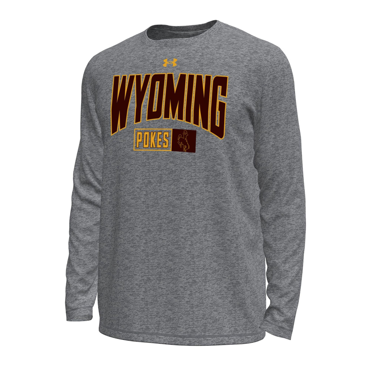 A heather gray long-sleeve t-shirt with a 'WYOMING POKES' graphic on the chest in brown and gold, featuring the Under Armour logo above, shown on a plain white background.
