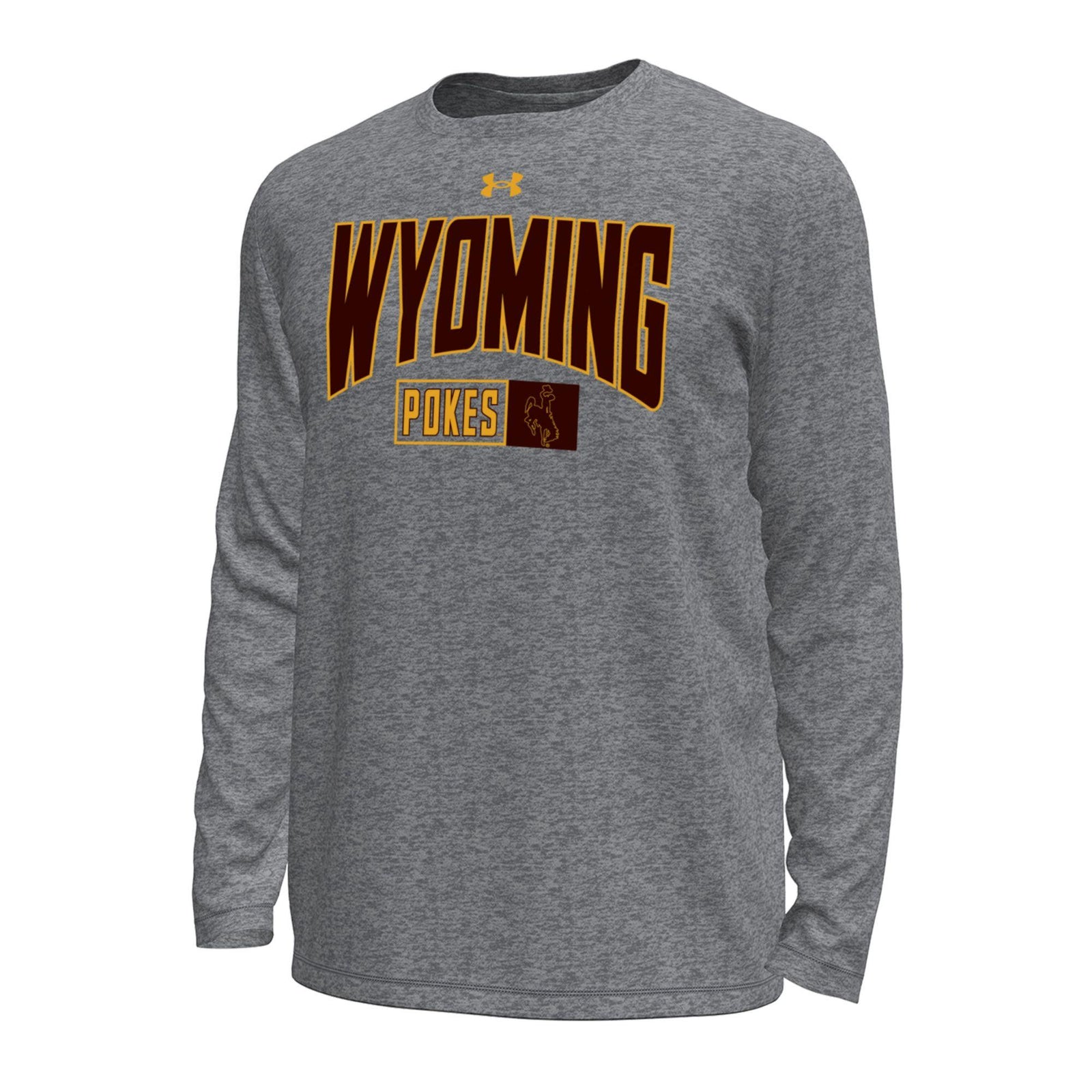 A heather gray long-sleeve t-shirt with a 'WYOMING POKES' graphic on the chest in brown and gold, featuring the Under Armour logo above, shown on a plain white background.