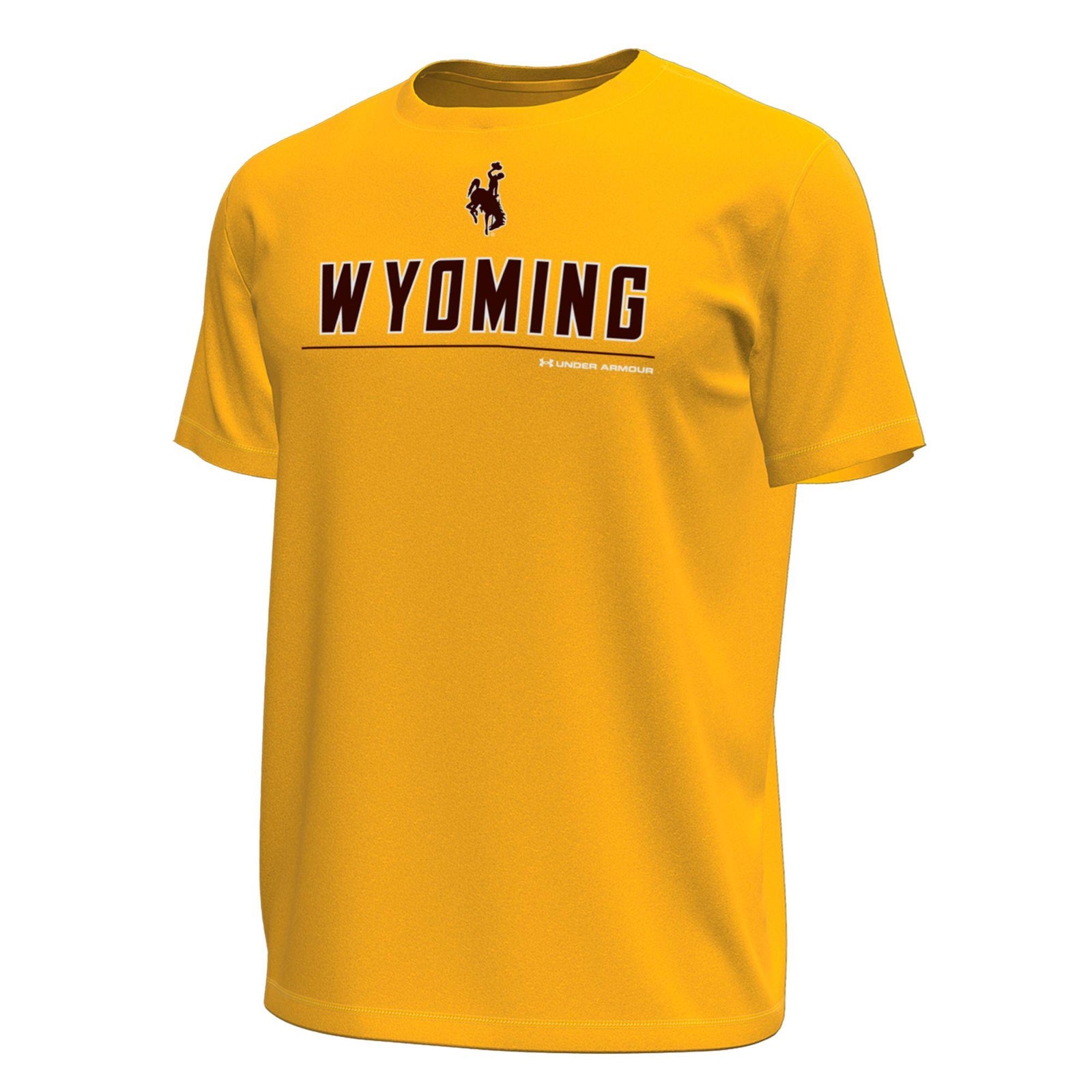 Gold under armour t-shirt with 'Wyoming' text and bucking horse logo on top in brown and all on a white background