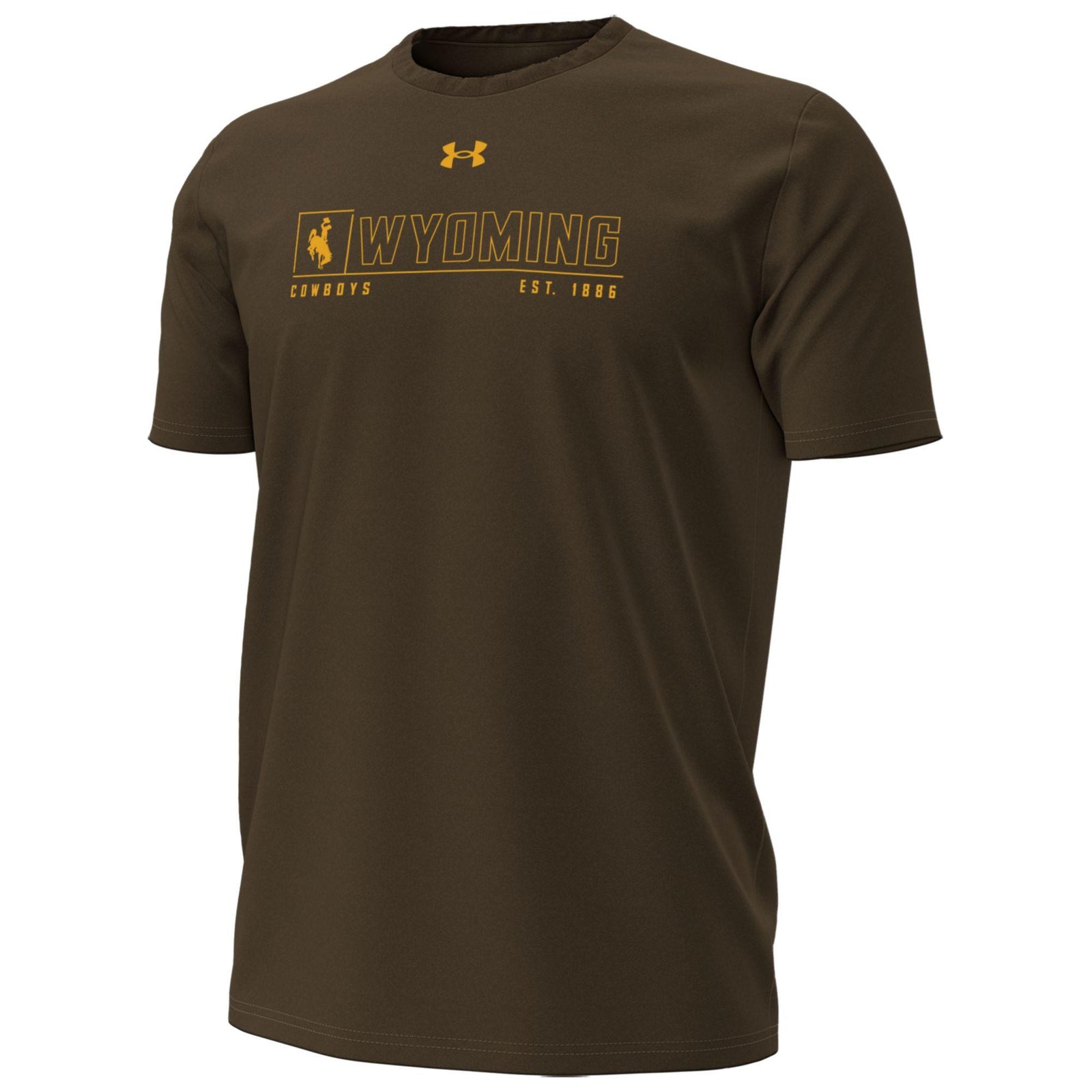 Brown t-shirt with 'Wyoming Cowboys' text with cowboys est. 1886 below and Under Armour logo at top all in gold 