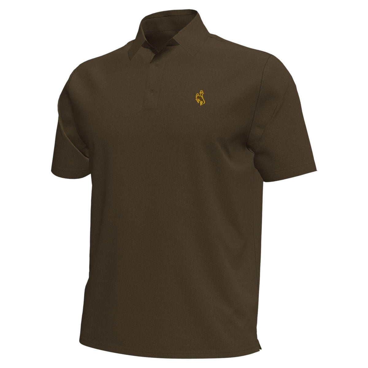Brown polo shirt with a gold outline of a bucking horse logo on the left chest on a white background