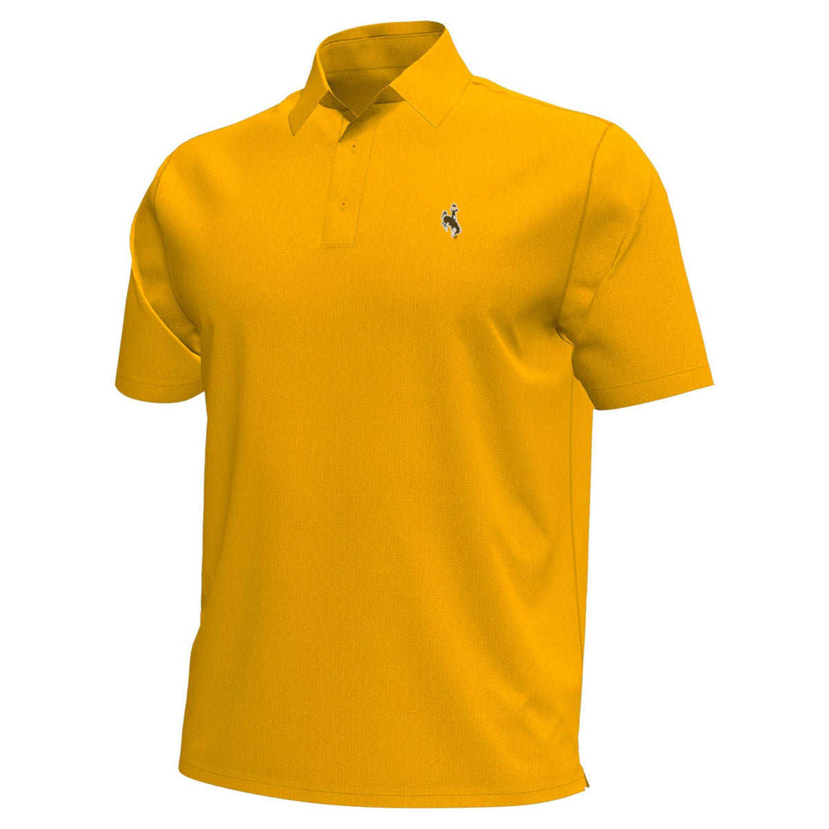 Gold polo shirt with a bucking horse logo on left chest in brown and white