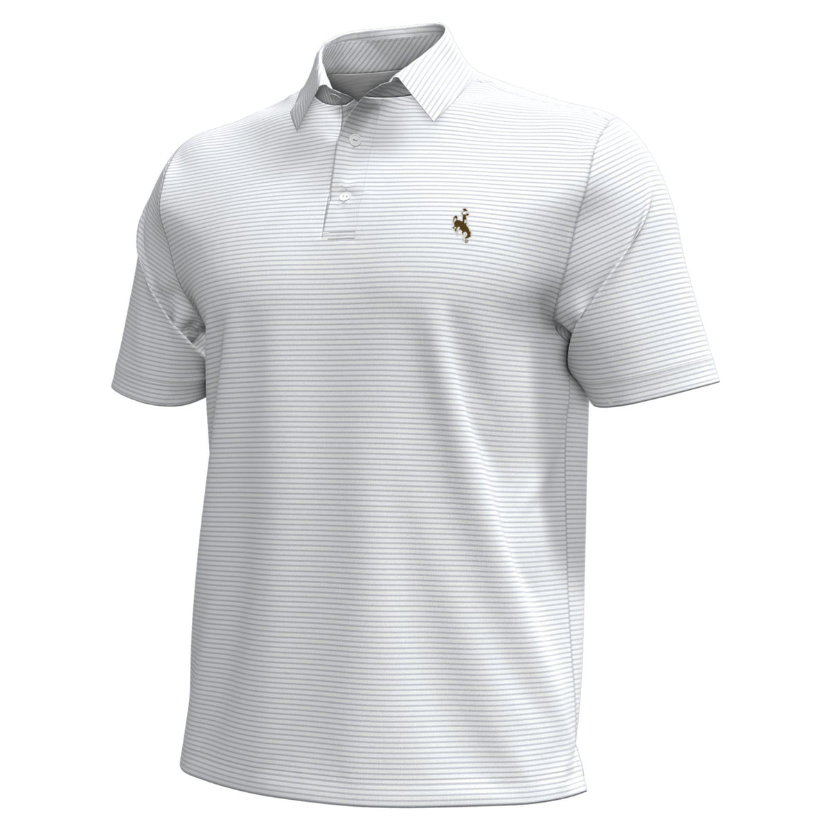 White polo shirt with a brown bucking horse logo on the left chest on a white background