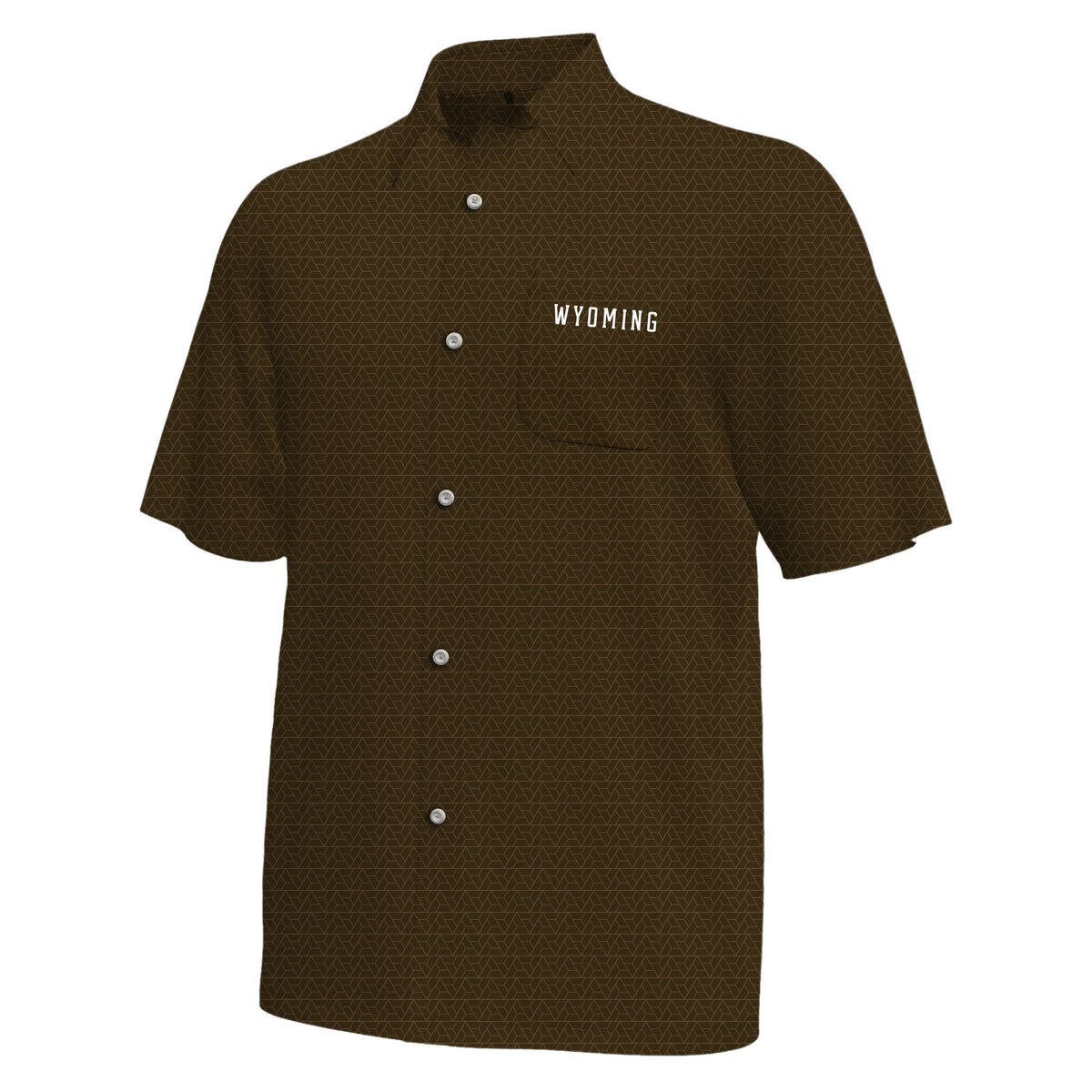 A short-sleeve button-up shirt in dark brown with a subtle geometric pattern and 'WYOMING' printed in white on the left chest, shown against a plain white background.