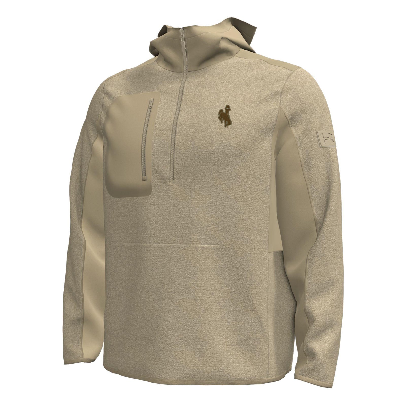 A men's pullover hoodie in heathered tan and beige, featuring a half-zip neckline, a vertical zippered chest pocket, and a small embroidered logo on the left chest, shown on a plain white background.