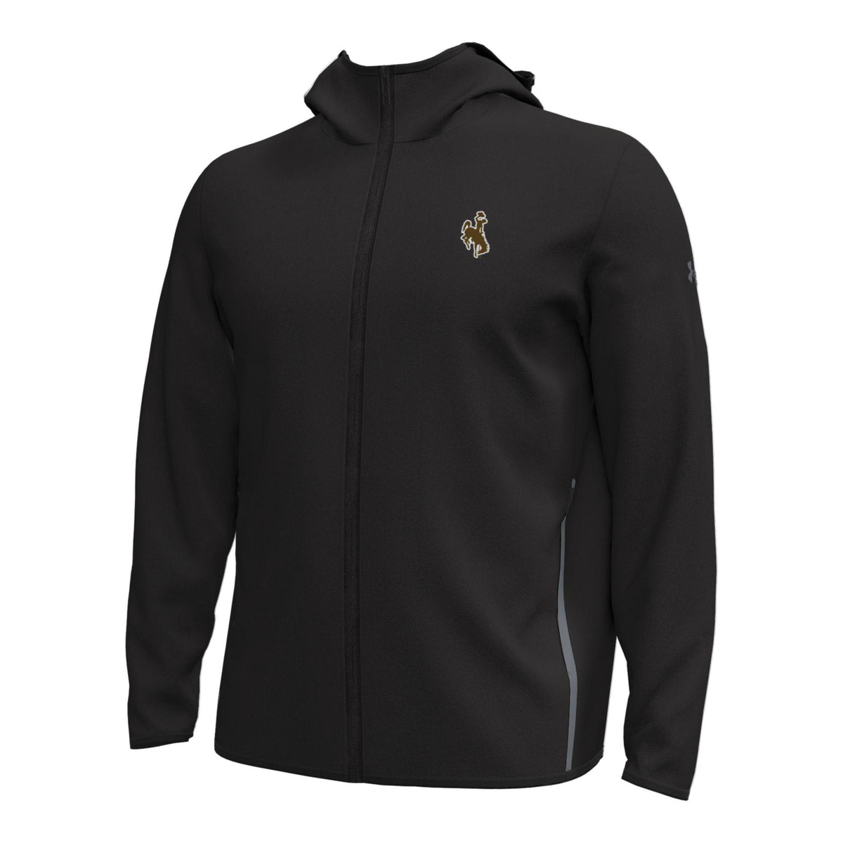 Black hooded jacket with a bucking horse logo on the left chest in brown with white outline pictured on a white background