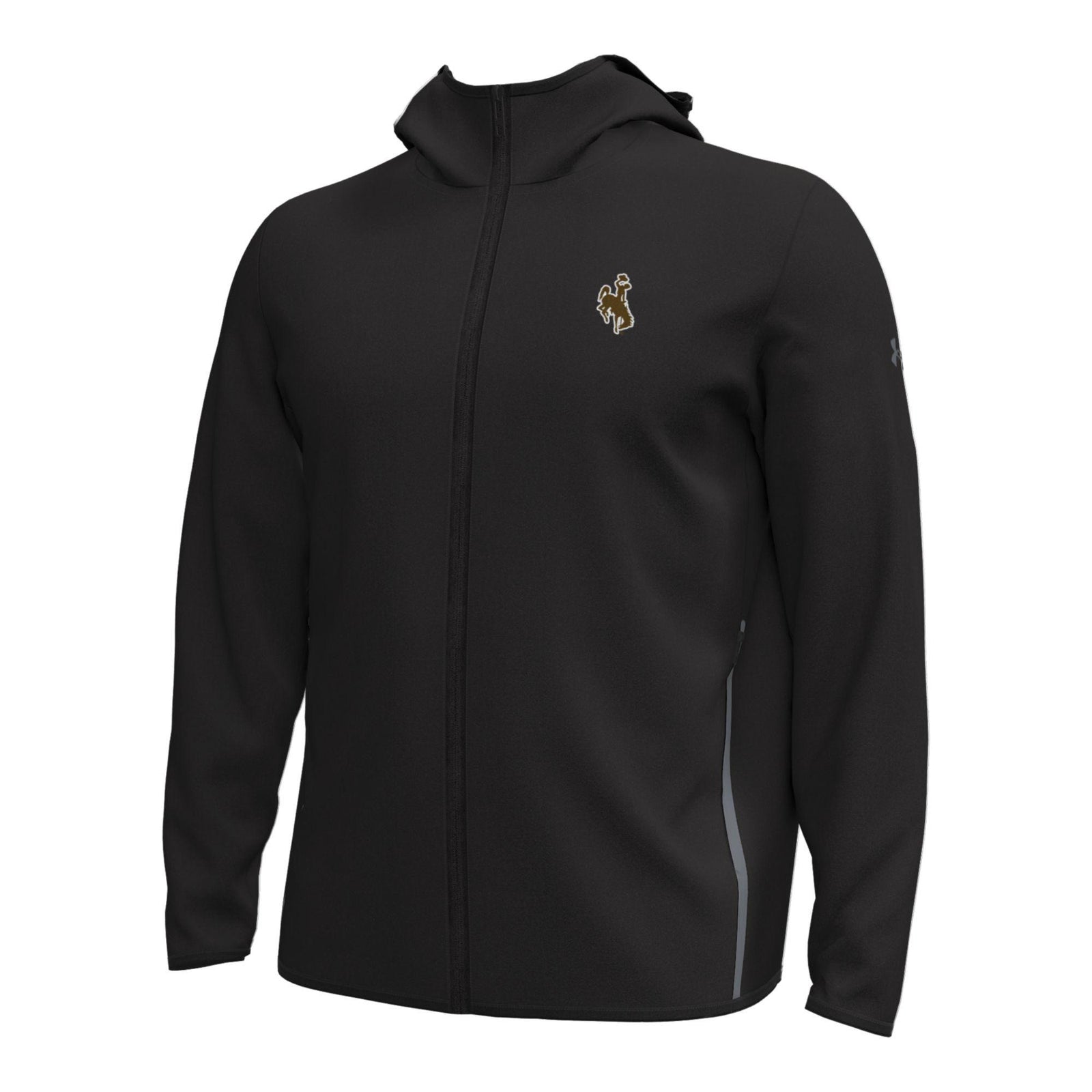 Black hooded jacket with a bucking horse logo on the left chest in brown with white outline pictured on a white background