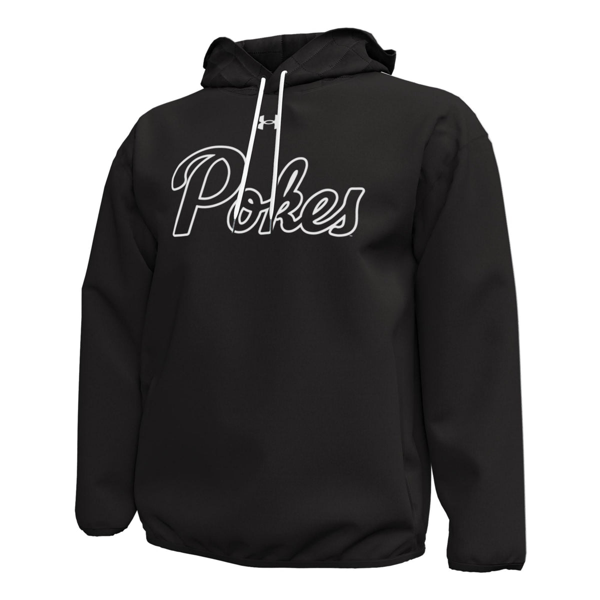A black pullover hoodie with white drawstrings and a white outline script graphic reading 'Pokes' across the chest, shown on a plain white background.