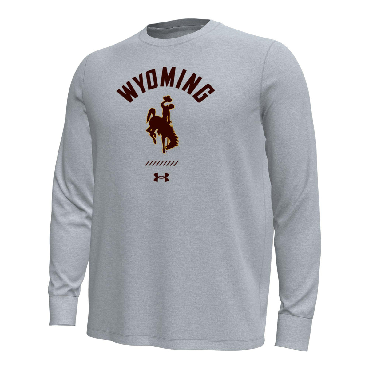 Grey under armour long sleeve with 'wyoming' lettering and a bucking horse logo in brown below. Pictured on a white background.