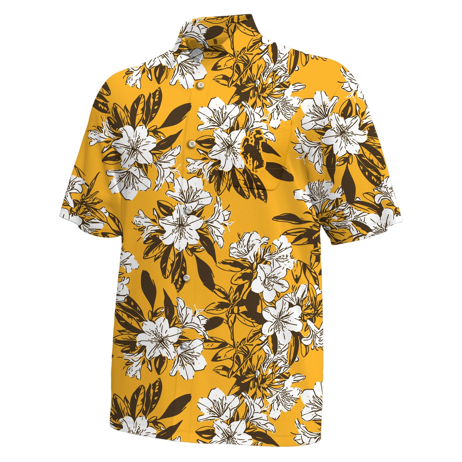 A short-sleeve button-up shirt with a vibrant yellow base, featuring a bold floral pattern of white flowers and dark brown leaves.