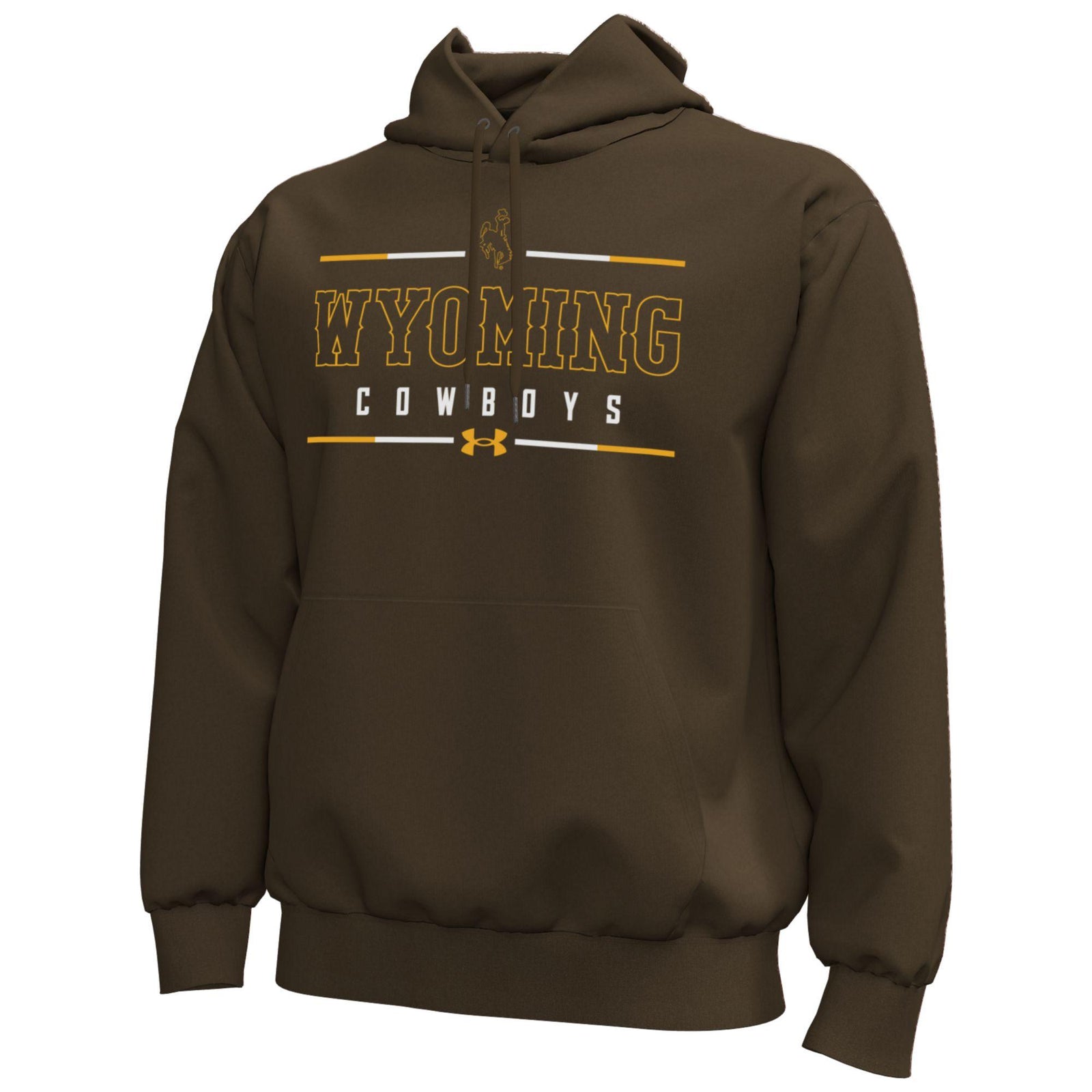 brown under armour sweatshirt with 'wyoming cowboys' and bucking horse logo on center chest. Pictured on white background.
