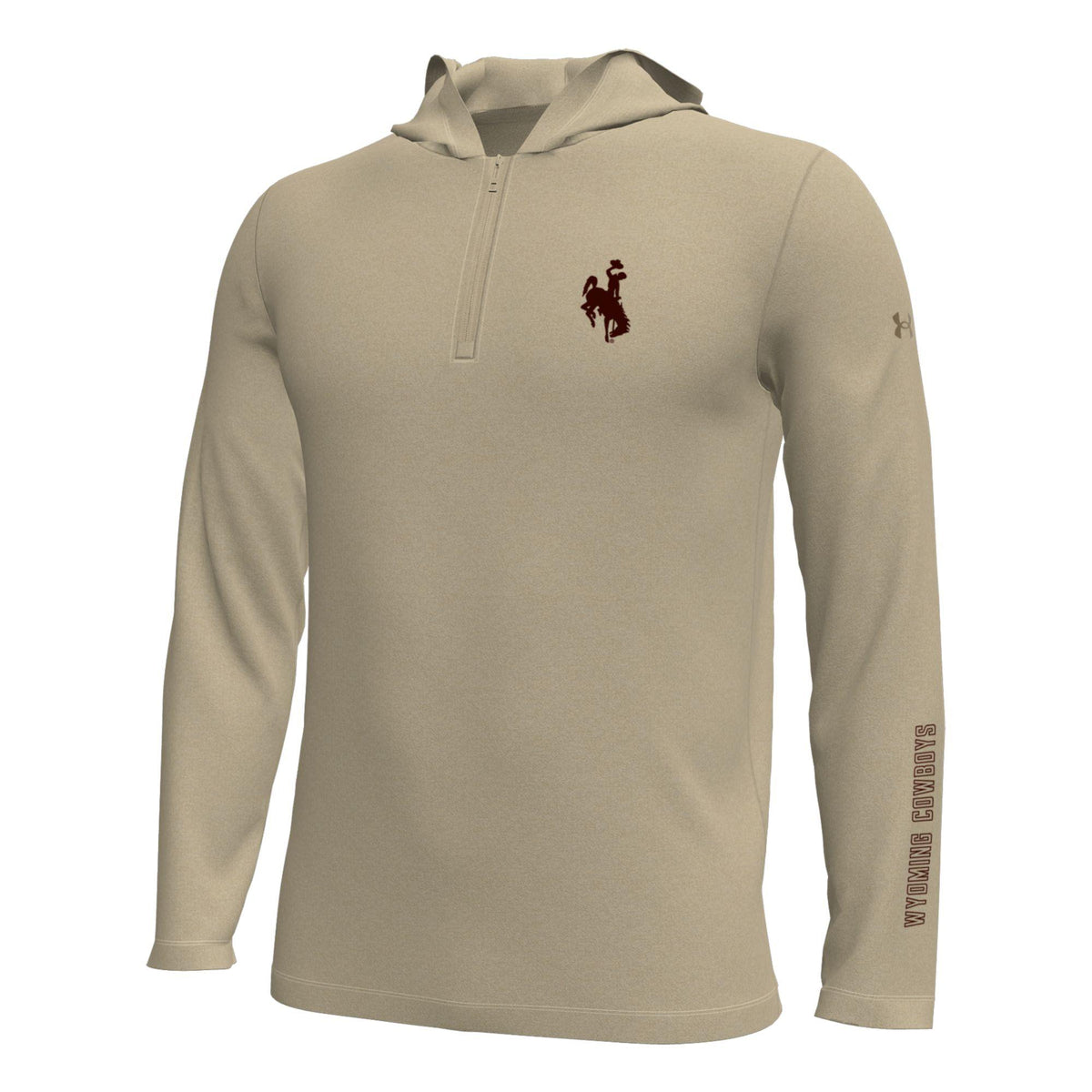 Under Armour heather taupe 1/4 zip long sleeve jacket. Has brown bucking horse on left chest with wyoming cowboys lettering on wrist of left arm. Pictured on a white background.