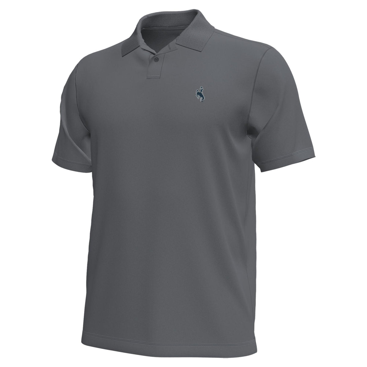 Grey polo shirt with a bucking horse logo on left chest in dark grey and white 