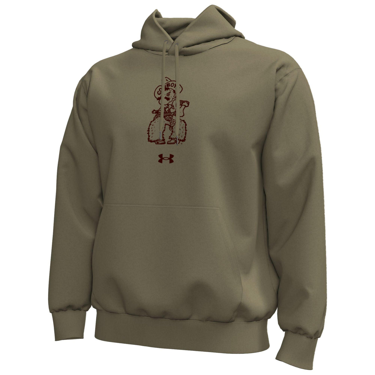 An olive green Under Armour hoodie featuring a dark brown pistol pete graphic on the chest, displayed against a solid white background.
