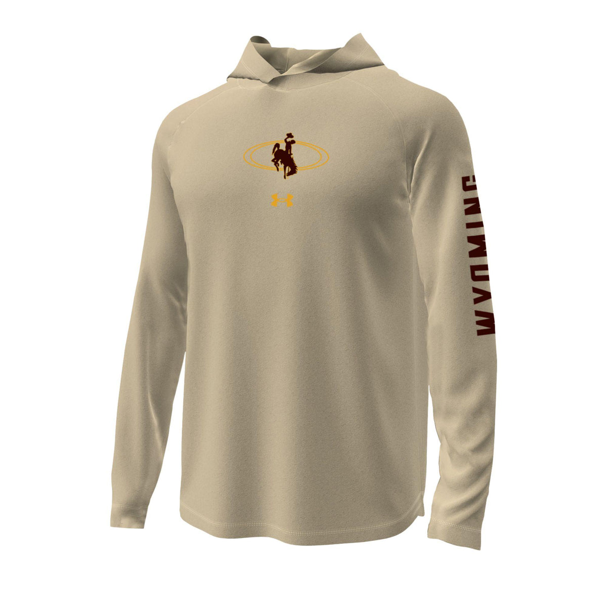 A beige long-sleeve hooded performance shirt with a Wyoming Cowboys bucking horse logo on the chest and 'WYOMING' printed vertically on the right sleeve, shown on a plain white background.