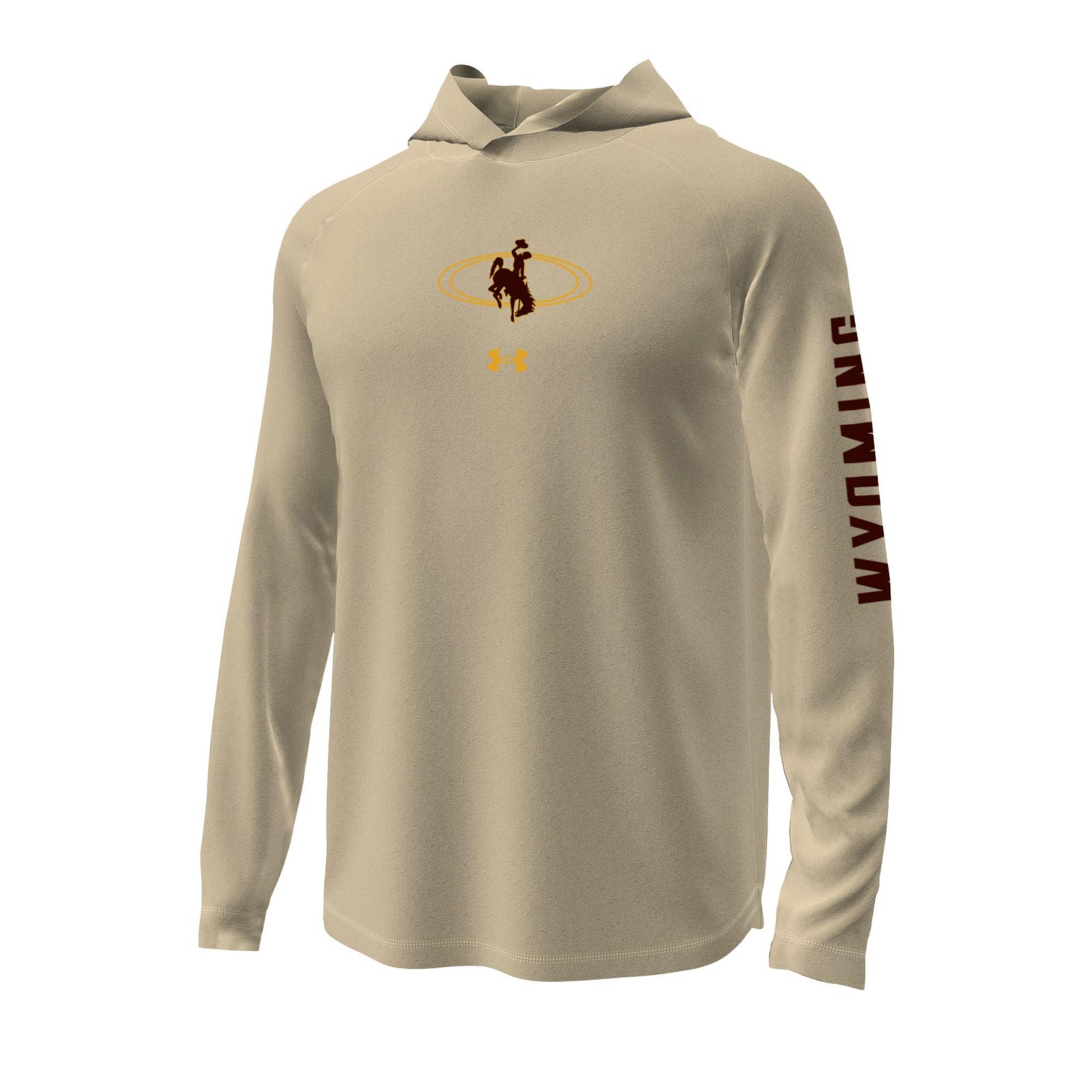 A beige long-sleeve hooded performance shirt with a Wyoming Cowboys bucking horse logo on the chest and 'WYOMING' printed vertically on the right sleeve, shown on a plain white background.