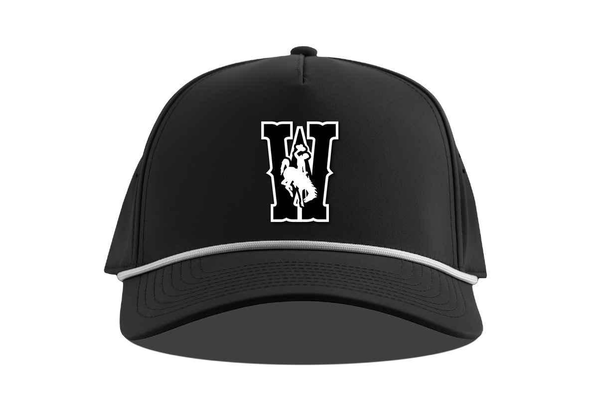 Black adjustable hat with "W" logo on the front and a white rope across bill. All pictured on a white background.