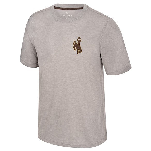 A light gray heather t-shirt with a brown embroidered logo of a cowboy on a bucking horse on the left chest. The shirt is displayed on a clean white background.