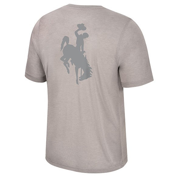 A heather gray short-sleeve t-shirt shown from the back, featuring a dark gray graphic of a cowboy riding a bucking horse on the upper back.