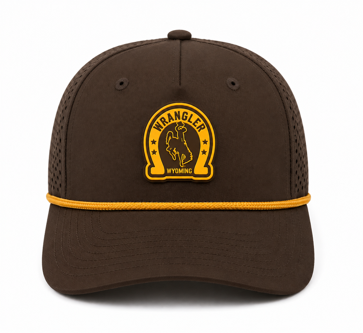 Brown wrangler adjustable hat with gold rope on brim. Has a patch that says "wrangler wyoming" and a bucking horse logo in between. All within a horse shoe logo. Pictured on a white background.