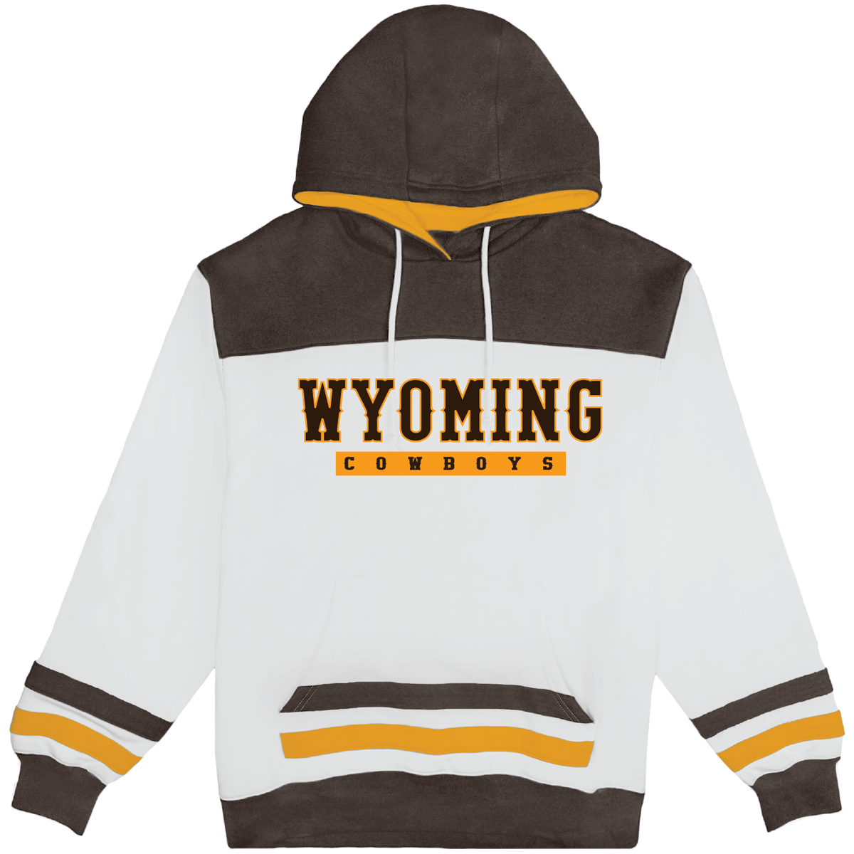 White brown and gold blocked hood. Has 'Wyoming Cowboys' on the front chest. All pictured on a white background.