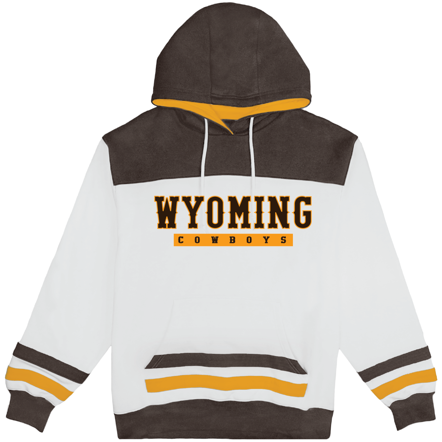White brown and gold blocked hood. Has 'Wyoming Cowboys' on the front chest. All pictured on a white background.