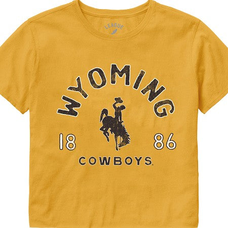Yellow t-shirt with 'Wyoming Cowboys' graphic design all over front