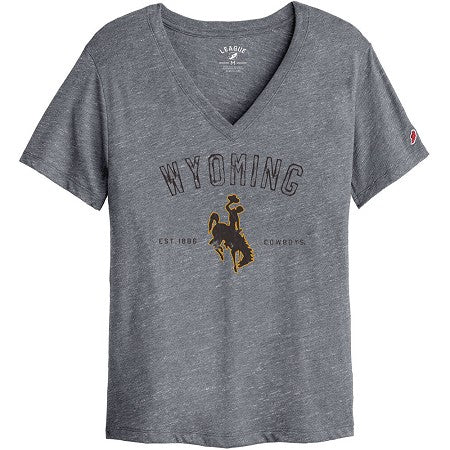 Gray t-shirt with 'Wyoming Cowboys' text and bucking horse logo