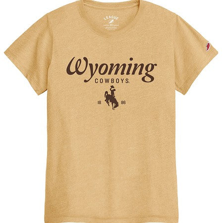 Light golf t-shirt with 'Wyoming Cowboys' text and bucking horse logo