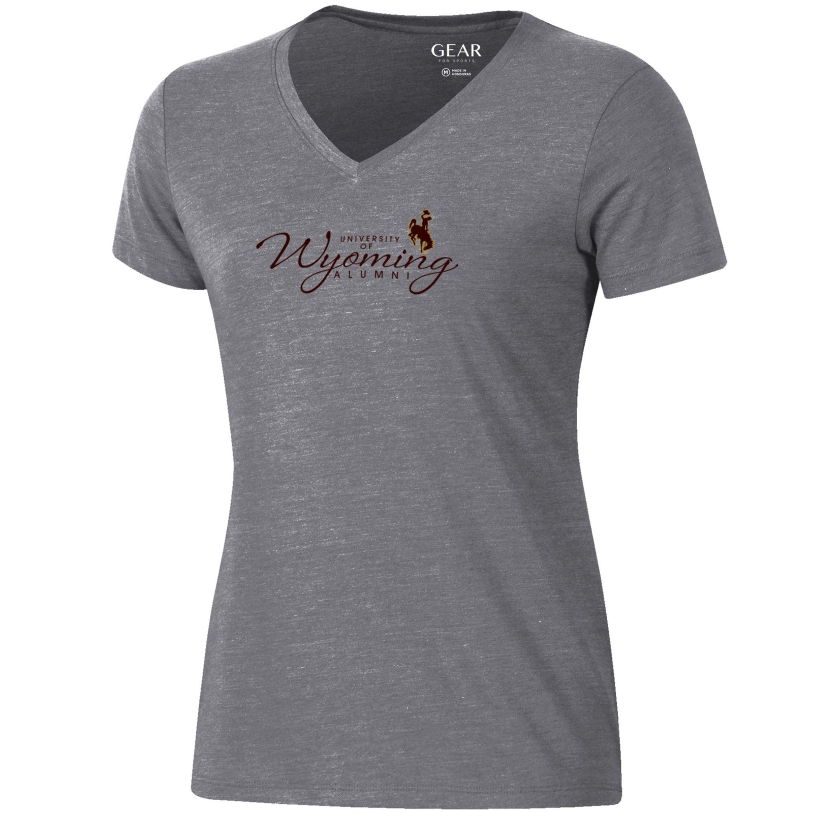 Gray t-shirt with 'University of Wyoming Alumni' text and bucking horse logo in brown all center chest