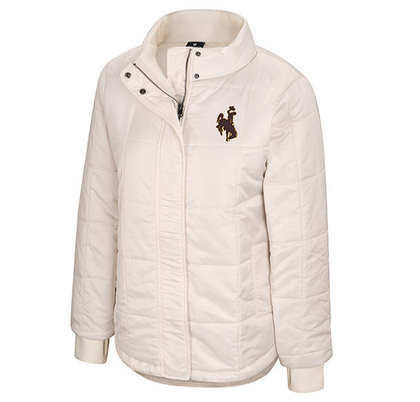 An off-white quilted zip-up jacket with a stand-up collar, featuring a small embroidered polo player logo on the left chest, set against a plain white background.