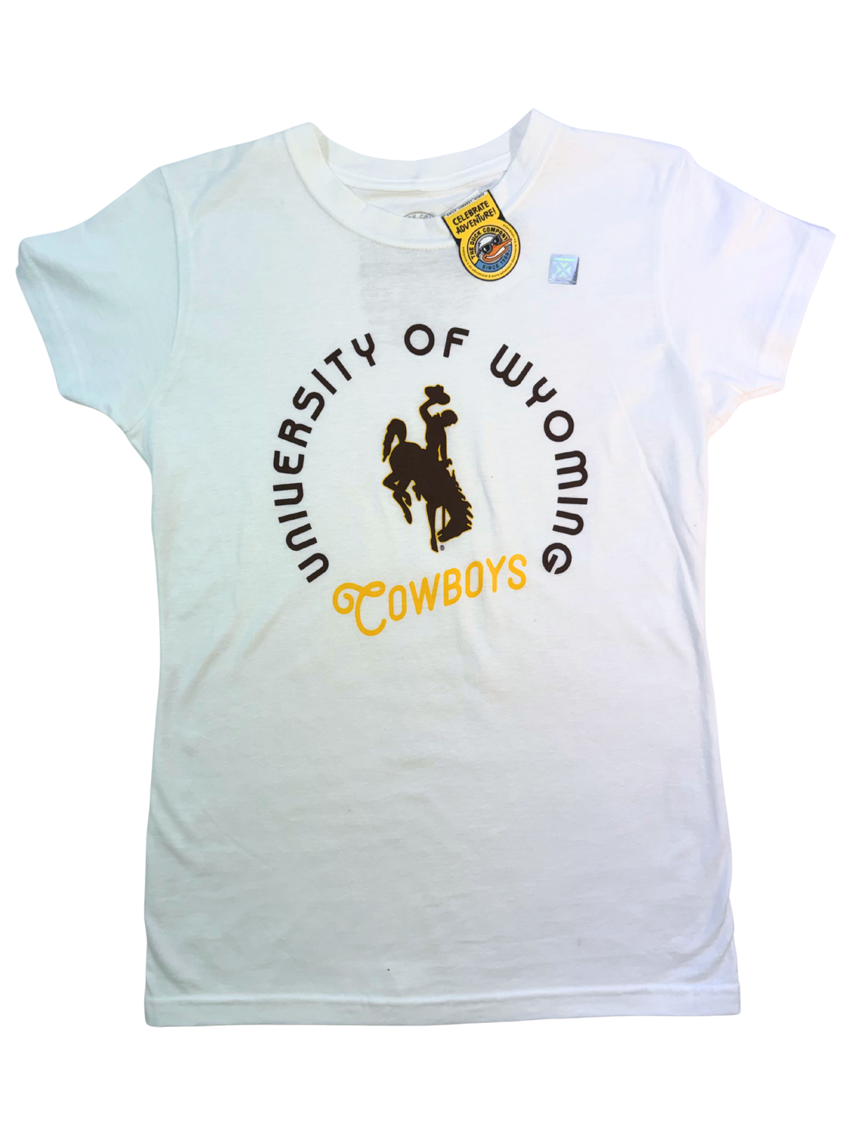 White t-shirt with 'University of Wyoming Cowboys' design with bucking horse logo all in brown and gold and on a white background