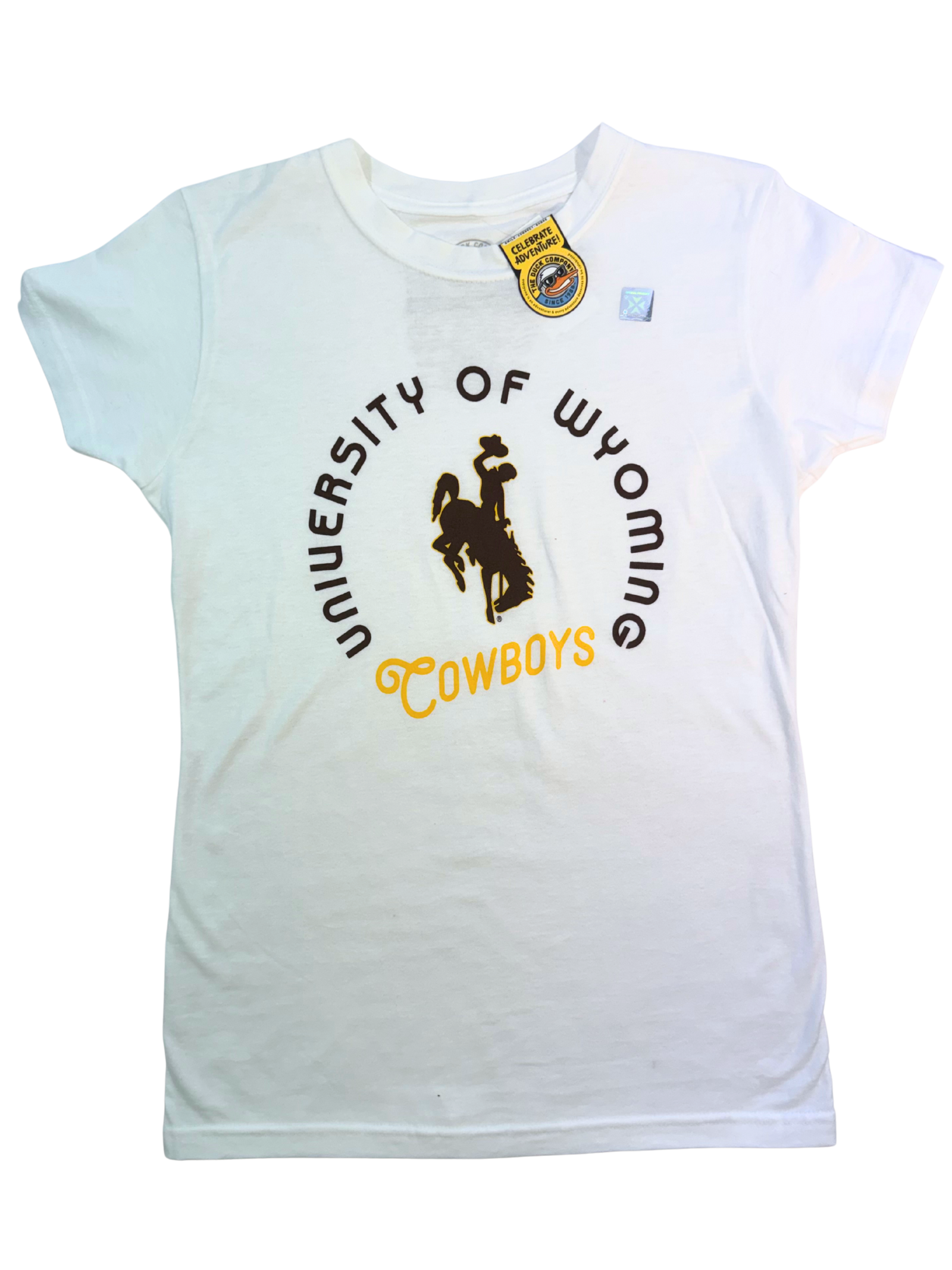 White t-shirt with 'University of Wyoming Cowboys' design with bucking horse logo all in brown and gold and on a white background