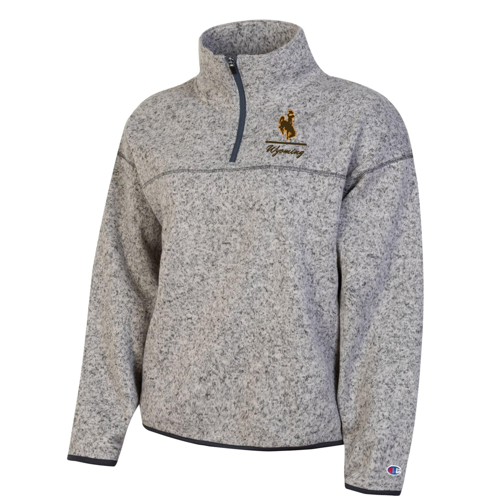 A heather gray quarter-zip fleece pullover with a black zipper, featuring a gold and brown  logo on the left chest and a small Champion 'C' logo on the right sleeve cuff.