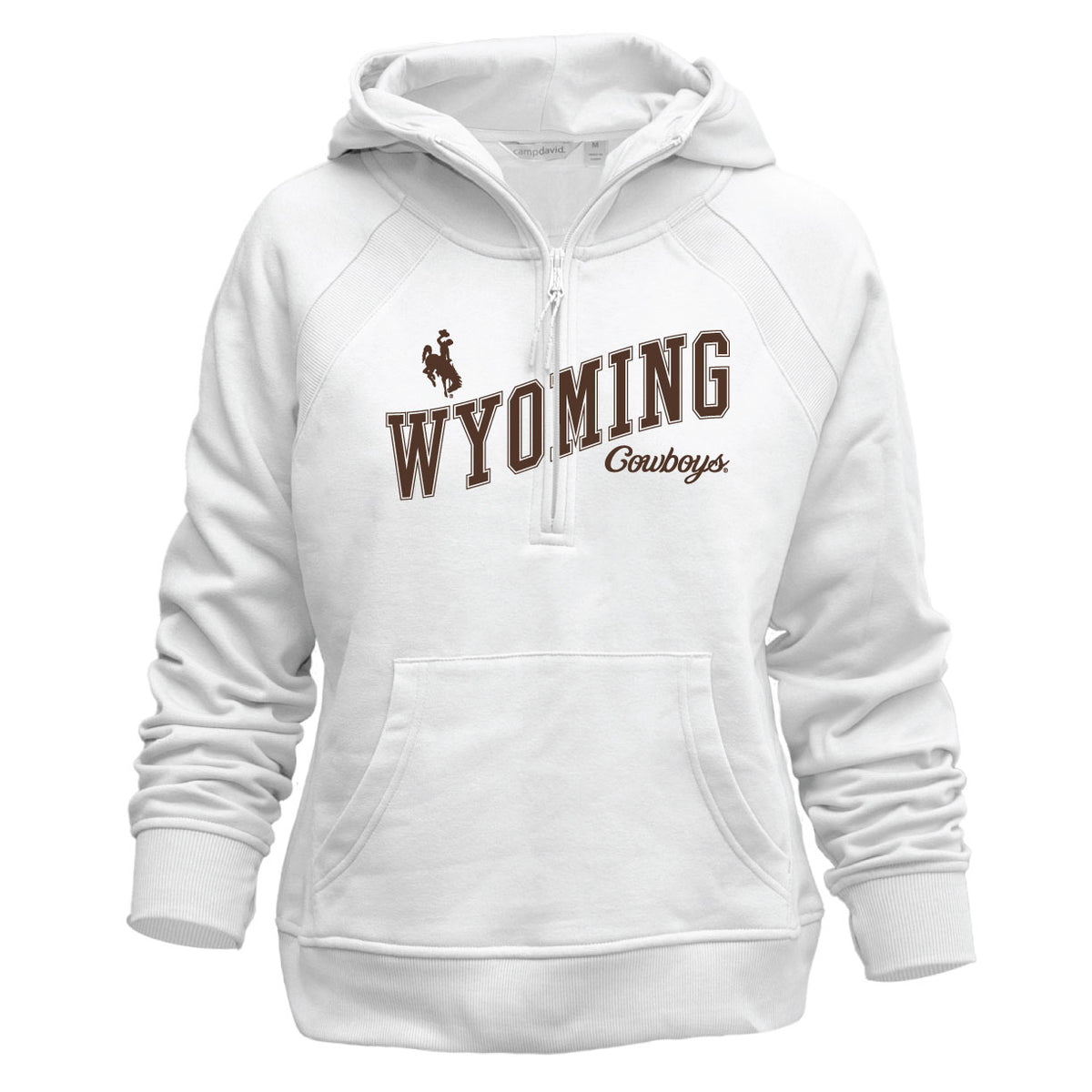 White women's 1/2 zip jacket with bucking horse logo and 'wyoming cowboys' across the chest in brown. pictured on a white background.