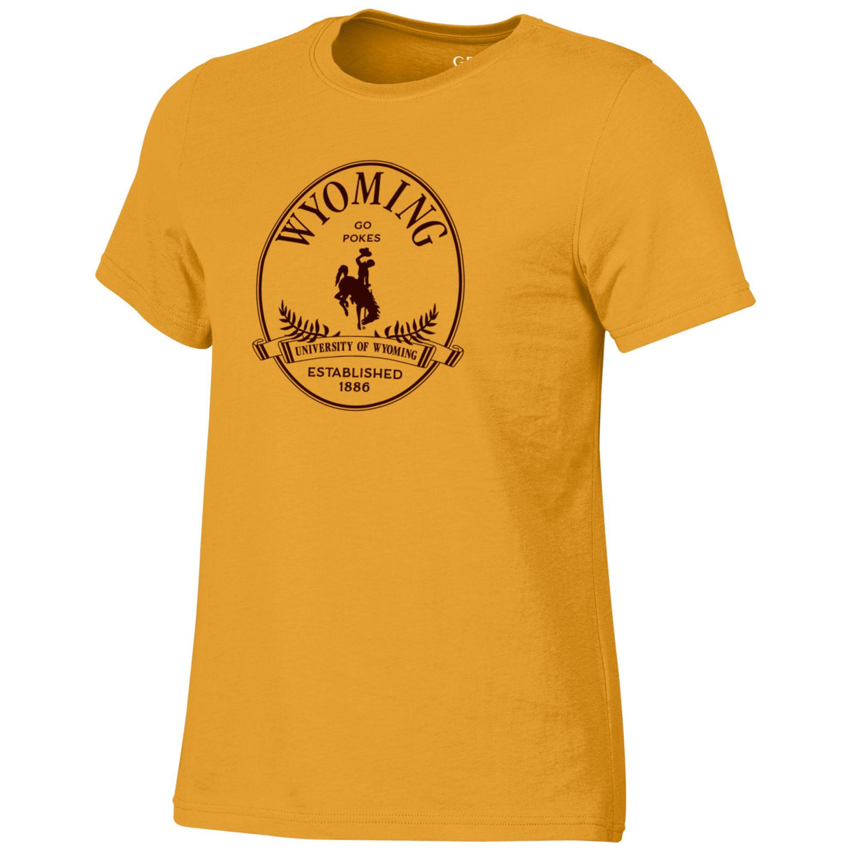 Gold t-shirt with oval and inside oval has "Wyoming, Go Pokes, and established 1886" lettering all in brown. has bucking horse in middle.