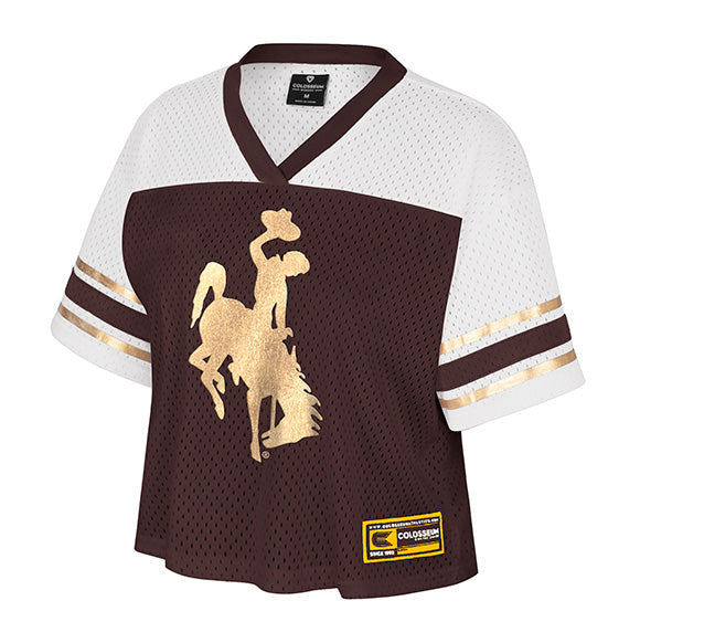 A women's short-sleeve football jersey in maroon and white mesh, featuring a gold-toned bucking rider graphic on the front and a Converse patch near the hem.