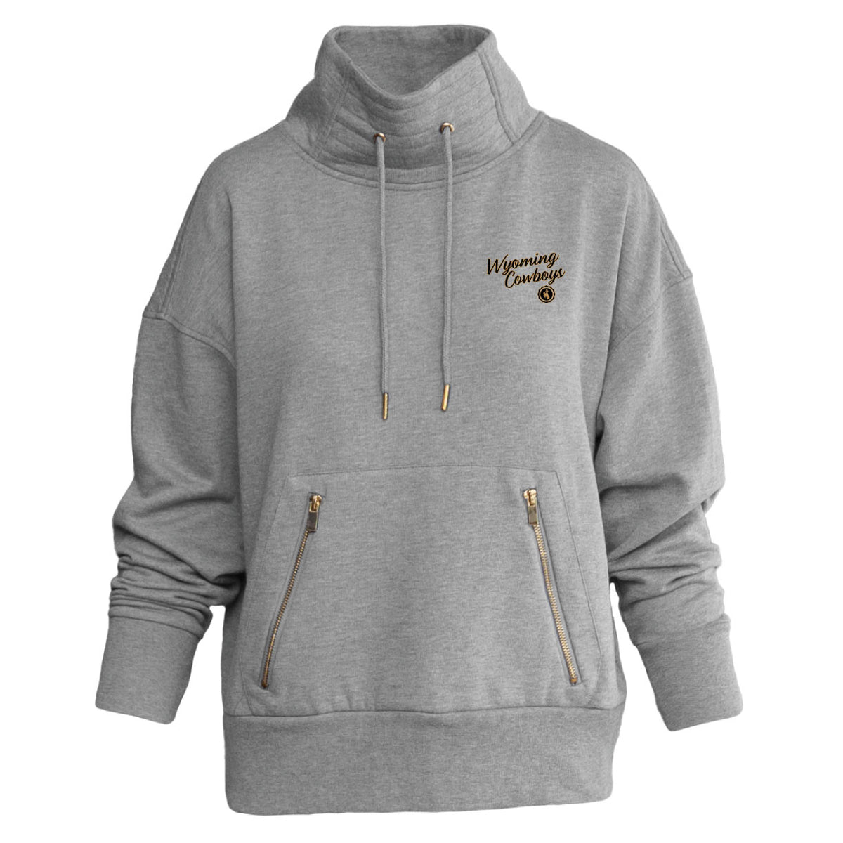 A heather gray pullover hoodie with a high folded collar, drawstring hood, kangaroo pocket with gold-tone zipper details, and 'Wyoming Cowboys' text printed on the left chest.