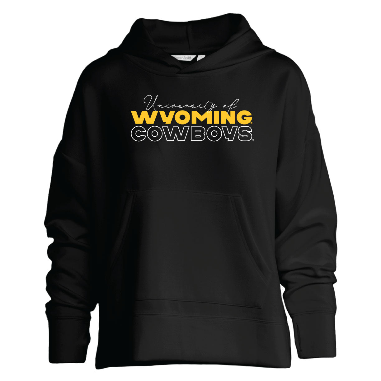A black pullover hoodie featuring the text 'University of Wyoming Cowboys' printed on the chest in gold and white, shown against a plain white background.