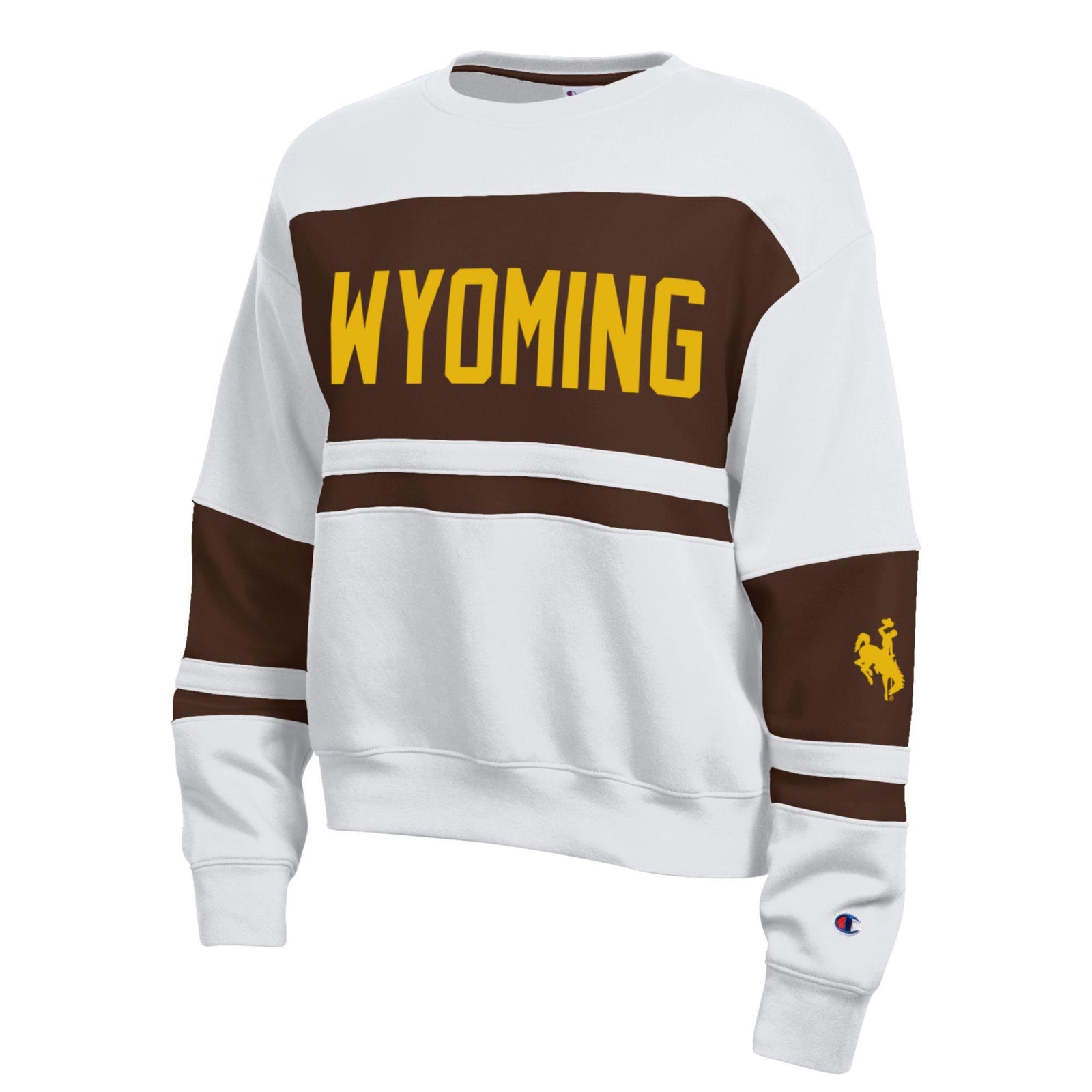 White Crewneck with brown blocking. Has gold blocked wyoming lettering across the front and a buking horse logo on lower left arm sleeve. Pictured on a white background.