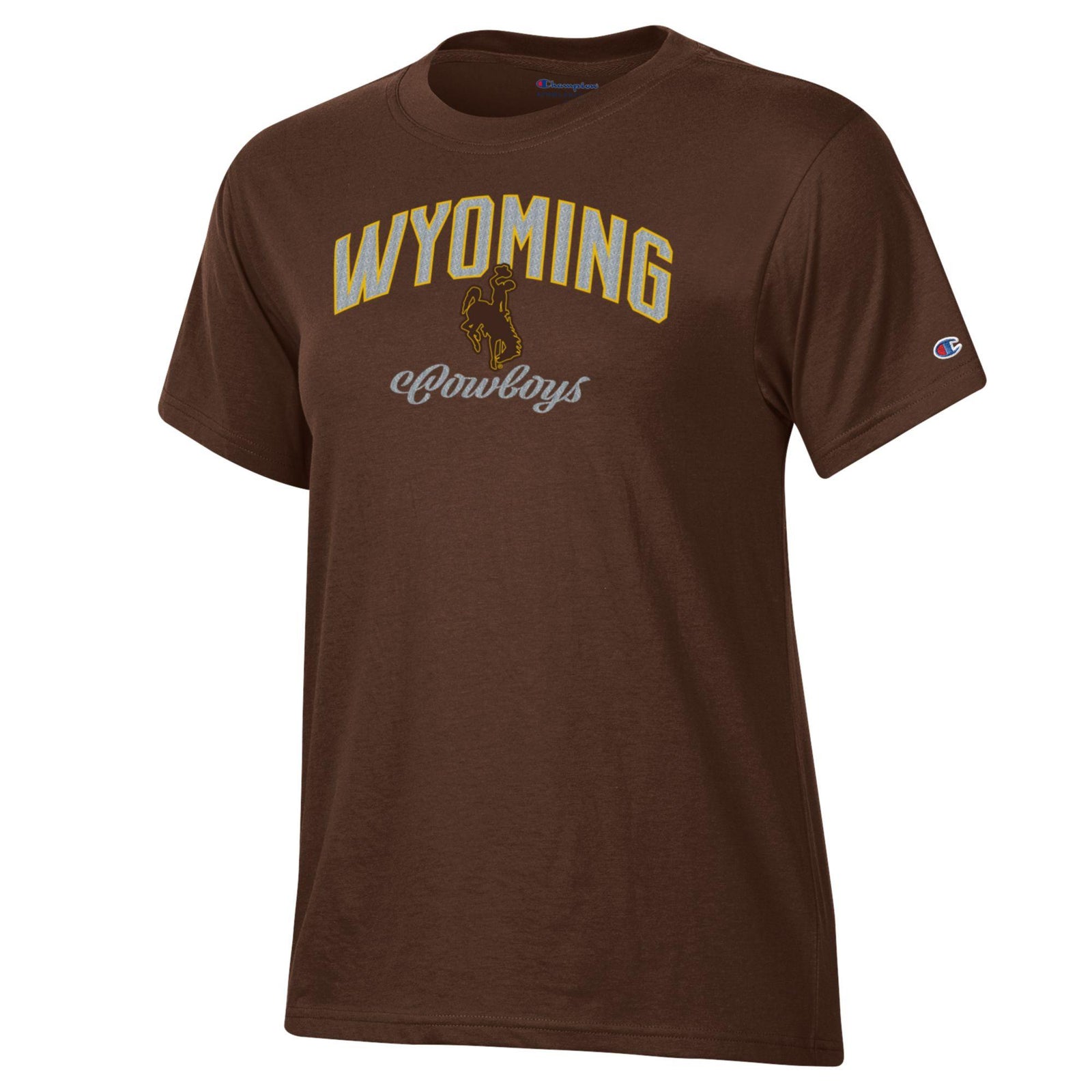 Brown champion tee shirt with 'wyoming cowboys' and bucking horse on front chest. Pictured on a white background.