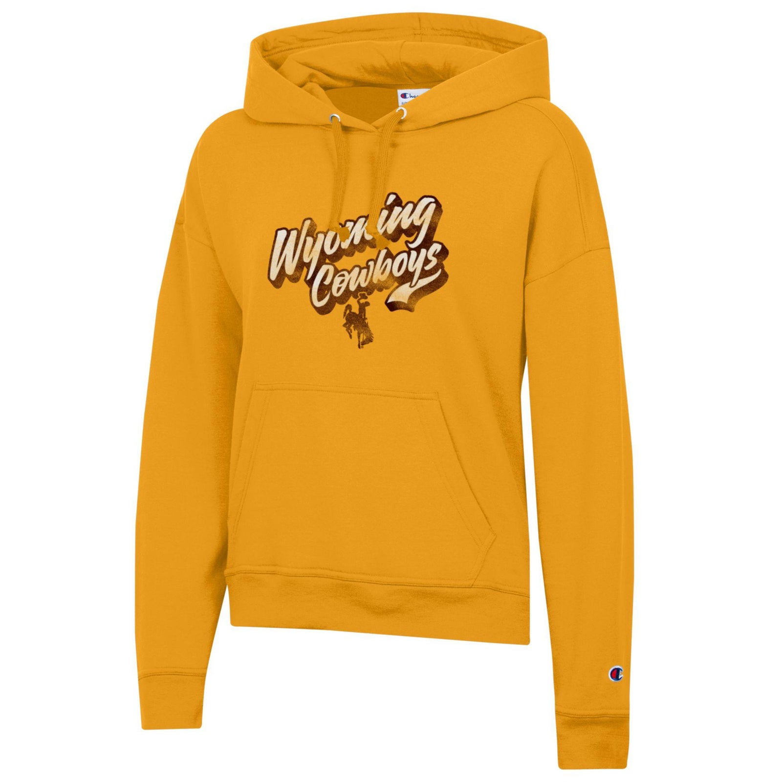 A gold pullover hoodie featuring a 'Wyoming Cowboys' graphic on the chest with a bucking horse, and a small Champion 'C' logo on the left sleeve cuff.