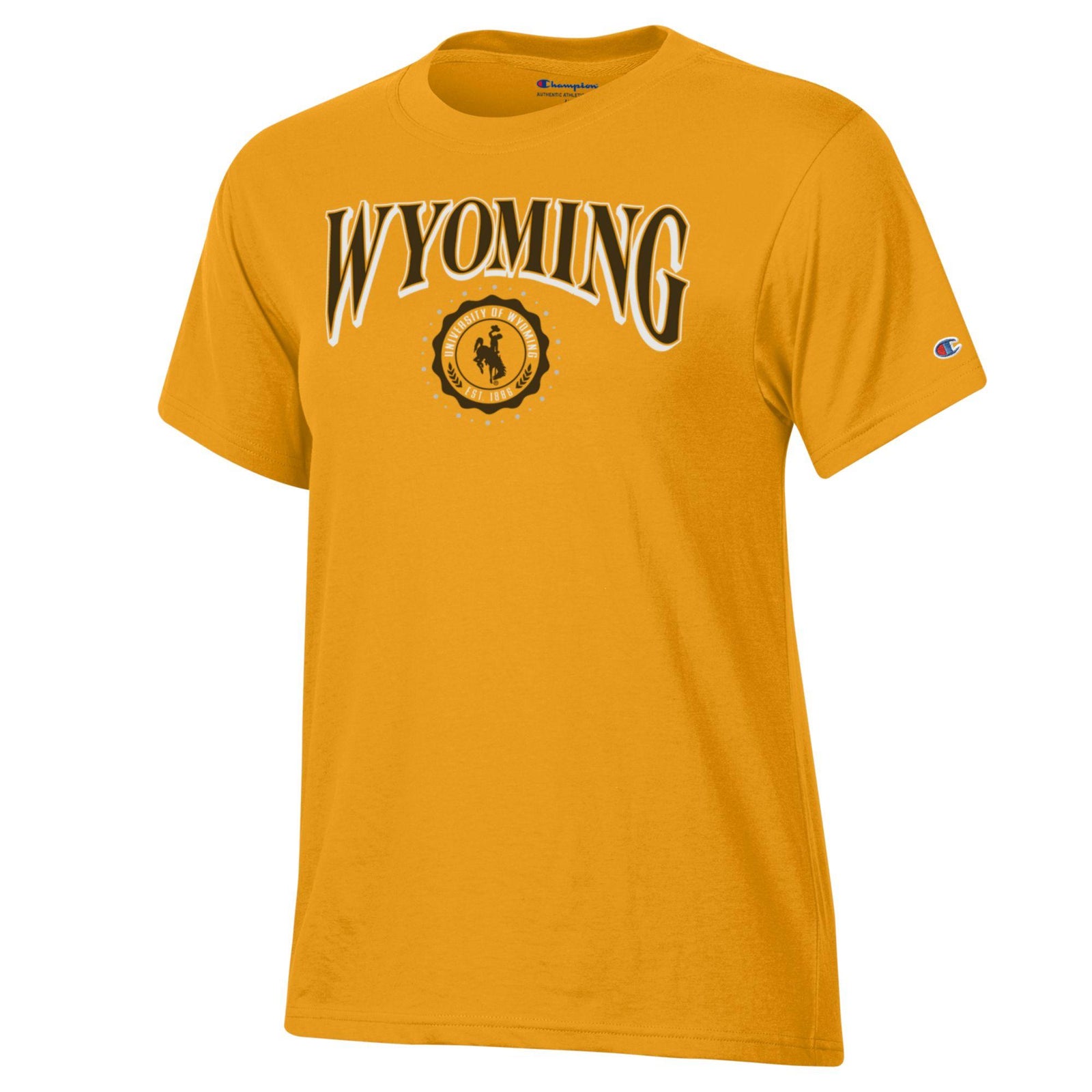 Gold women's champion tee shirt with wyoming and seal below with bucking horse in the middle. Shirt is pictured on a white background.