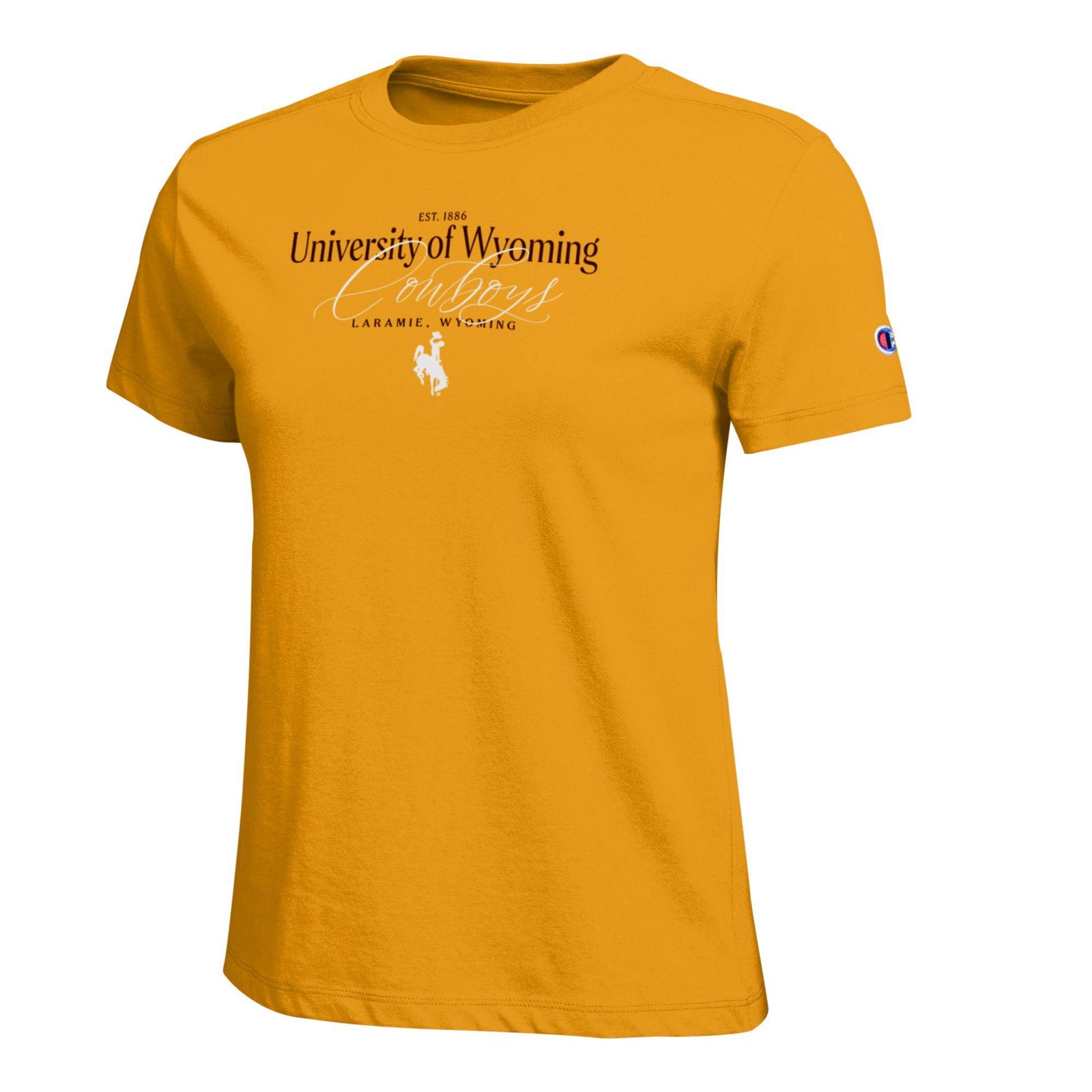 A golden yellow short-sleeve t-shirt featuring 'University of Wyoming Cowboys' printed in brown and white on the chest, with a small white bucking horse logo underneath and a Champion logo on the right sleeve.