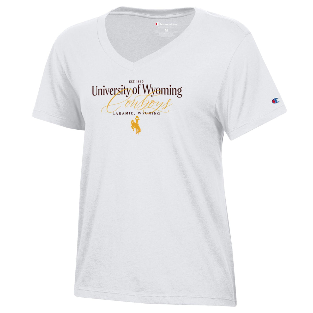 A white Champion V-neck t-shirt featuring a University of Wyoming Cowboys graphic on the chest with a gold bucking horse logo, and a Champion logo on the sleeve.