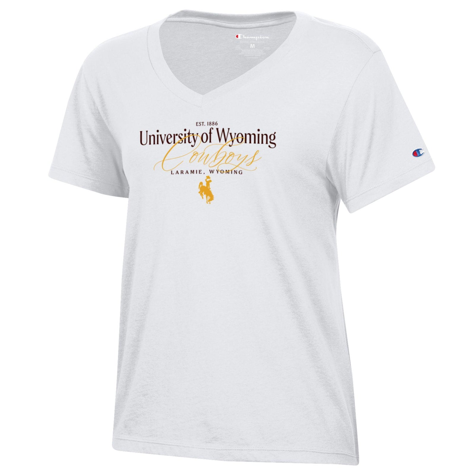 A white Champion V-neck t-shirt featuring a University of Wyoming Cowboys graphic on the chest with a gold bucking horse logo, and a Champion logo on the sleeve.