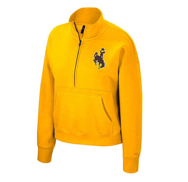 A bright gold half-zip pullover hoodie with a brown embroidered bucking horse on the left chest. Has kangaroo pocket on front. All pictured on a white backround.