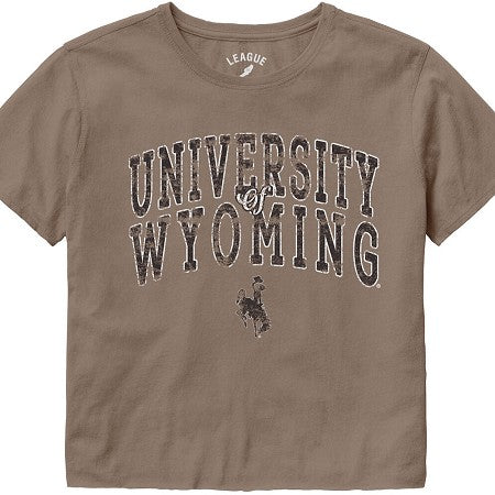 Light brown women's cropped tee with brown university of wyoming lettering on front with white outline. Has brown bucking horse centered at bottom of design.